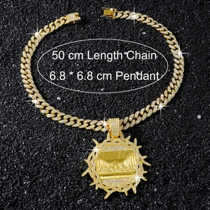 Detail of hip hop gold chain with ice-out Last Supper pendant showing 6.8x6.8cm dimensions