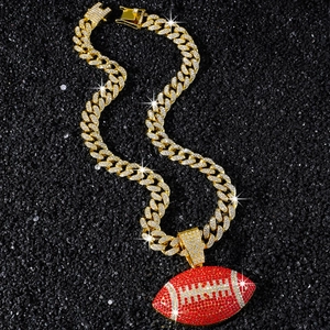 Collier Pendentif Rugby Football Hip Hop Iced Out Hommes Alliage de Zinc Strass Mailles Gourmette Or Argent