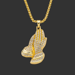Collier Pendentif Mains en Prière Iced Out pour Hommes Femmes Hip Hop Alliage Strass Bijoux Religieux Chaîne Box