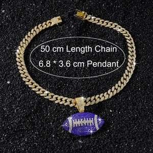 Detail of hip hop iced out necklace with blue football pendant and dimensions 6.8x3.6cm