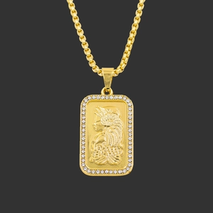 Hip Hop Gold Alloy Rectangle Goddess Portrait Pendant Necklace With Rhinestone Pave Box Chain Streetwear Jewelry For Men Women