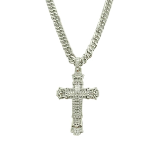 Hip hop silver tone cross pendant necklace with iced out rhinestones on cuban link chain