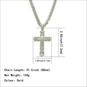 Hip hop silver cuban chain with cross pendant dimensions 7.2cm by 4.7cm and 80cm length