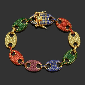 Detailed macro shot of 14mm hip hop chain bracelet featuring colorful rhinestones