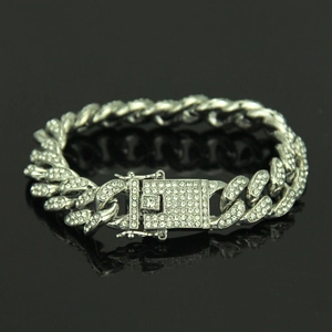 Bracciale a catena cubana argento con diamanti e chiusura quadrata sicura per stile hip hop