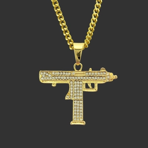 Hiphop Gold Color Alloy Uzi Gun Pendant Necklace For Men Women Rhinestone Iced Out Submachine Gun Chain Street Jewelry