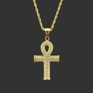 Collier Pendentif Croix Ankh Hip Hop Pour Hommes Femmes Alliage Plaqué Or Iced Out Strass Égyptien Clé De Vie Bijoux Chaîne Torsadée