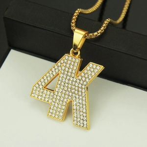 Hip hop style gold pendant necklace with iced out 4K letters and round box chain