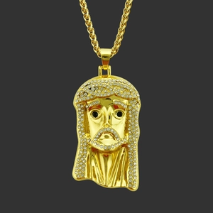 Iced Out Jesus Stück Anhänger Halskette Hip Hop Gold Überzogene Legierung Strass Religiöser Schmuck Mit Weizenkette Für Herren