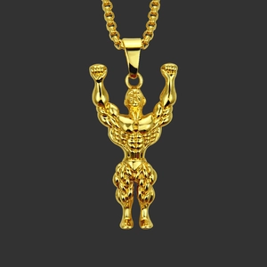 Hip Hop Muscle Man Pendant Necklace Gold Plated Alloy Box Chain For Men Bodybuilder Fitness Style Jewelry Gift