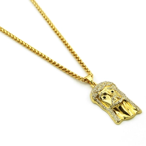 Hip Hop Jesus-Kopf-Anhänger in Gold mit weißen Diamanten an einer Weizenkette
