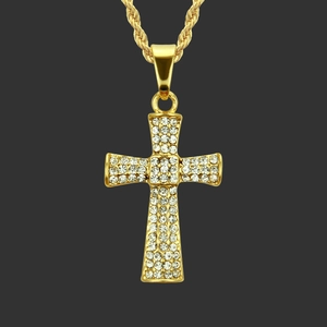 Collier Pendentif Croix Hip Hop Plaqué Or pour Hommes Femmes Bijoux Crucifix Religieux en Strass avec Chaîne Torsadée
