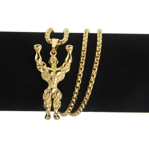Hip hop style gold muscular bodybuilder pendant necklace with a sturdy box chain