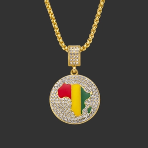 Hip Hop Ronde Afrika Kaart Hanger Ketting Voor Mannen Vrouwen Vergulde Legering Strass Etnische Stijl Sieraden Cadeau