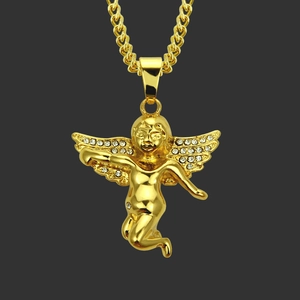 Collier Pendentif Ailes d'Ange Hiphop pour Hommes Femmes Or Alliage de Zinc Strass Incrusté Ange Pendentif Chaîne Gourmette Bijoux Street