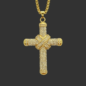 Domineering Retro Hip Hop Cross Pendant Necklace Gold Plated Alloy With Rhinestone Lattice Chain For Men Street Jewelry