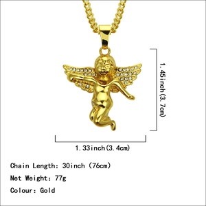 Pendentif ange hip hop doré avec strass blancs et spécifications de taille détaillées