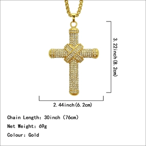 Vintage hip hop cross pendant necklace in gold finish with full cubic zirconia stones