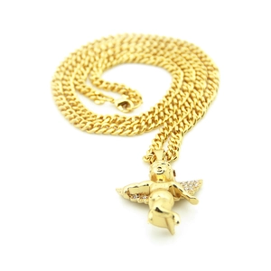 Pendentif ange hip hop plaqué or avec ailes en cristal sur chaîne gourmette