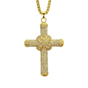 Hip hop vintage gold plated cross necklace with sparkling crystals and box chain link