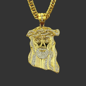 Hip Hop Κολιέ Μενταγιόν Κεφάλι Ιησού Επιχρυσωμένο Κράμα Στρας Μενταγιόν Με Μακριά Κουβανέζικη Αλυσίδα Θρησκευτικά Κοσμήματα
