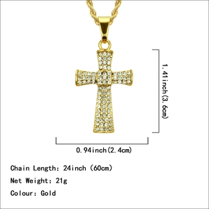 Collier croix hip-hop doré avec cristaux brillants et chaîne torsadée de 60 cm