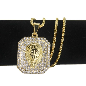 Hiphop leeuwenkop hanger ketting met strassteentjes op gouden frame voor heren