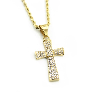 Collier hip hop avec pendentif croix plaqué or, strass brillants et chaîne torsadée