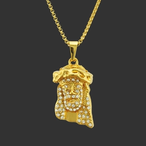 Collana con Ciondolo Testa di Gesù Hip Hop Placcata in Oro Lega Strass Gioielli Religiosi Catena Veneziana Uomo Donna
