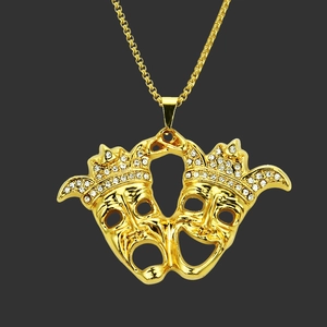 Hip Hop Zwei Gesichter Joker Anhänger Halskette Legierung Strass Krone Masken Komödie Tragödie Boxkette Für Herren Gold