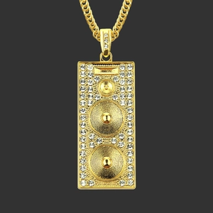 Hip Hop Gold Plated Speaker Pendant Necklace For Men Women Iced Out Rhinestone Alloy Rectangular Audio Box Pendant Cuban Chain Jewelry