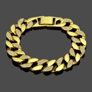 Bracelet Chaîne Cubaine Hip Hop pour Homme Plaqué Or Alliage Incrusté de Strass Bijoux Streetwear Mode pour Homme