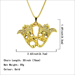 Hip hop comedy tragedy mask pendant necklace with white diamonds and crown gold chain