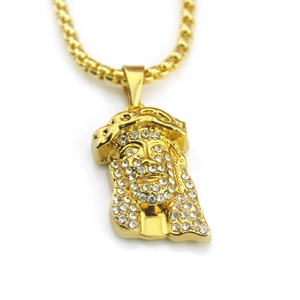 Gold hip hop Jesus pendant necklace with iced-out crystals and a sturdy box chain