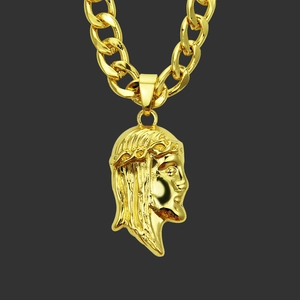 Hip Hop Punk Men Jesus Head Pendant Necklace Gold Plated Alloy Relief Design Curb Chain Religious Jewelry Accessory