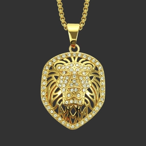 Collana con Ciondolo Testa di Leone Hip Hop Oro per Uomo Lega Traforata con Strass Incastonati Catena a Scatola Gioielli