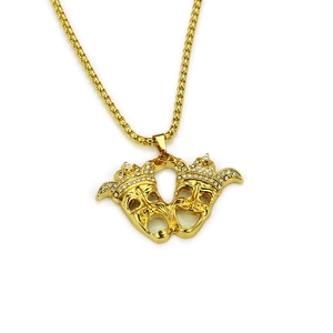 Hip hop style gold dual crown mask pendant necklace with crystals on box chain
