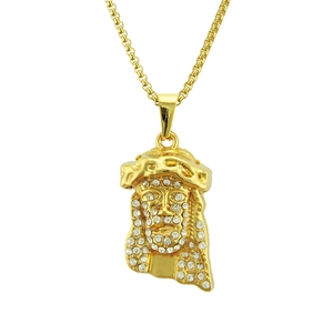 Hip Hop Jesus Head Pendant Necklace Gold Plated Alloy Rhinestone Iced Out Religious Jewelry For Men Women Punk Box Chain