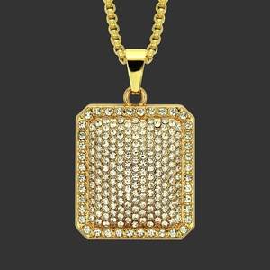 Collier pour Hommes Hip Hop Iced Out Pendentif Rectangulaire Alliage d'Or Strass Chaîne Vénitienne Style Militaire Bijoux
