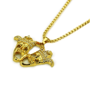 Hip hop gold necklace with iced out comedy tragedy masks and crown pendant for men