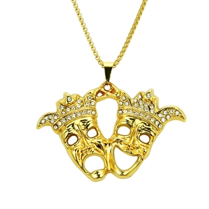 Hip Hop Men Comedy Tragedy Masks Pendant Necklace Gold Plated Alloy Rhinestone Crown Drama Mask Box Chain Jewelry