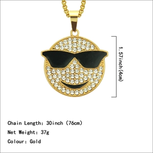 Collier pendentif smiley hip hop doré avec strass, chaîne de 76 cm, hauteur de 4 cm