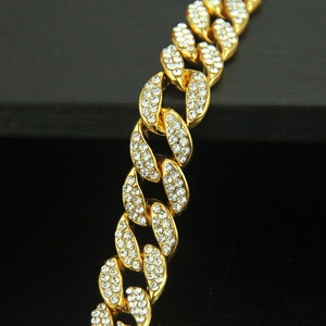 Bracelet Cuban Link pour homme hip hop avec strass blancs brillants et plaqué or