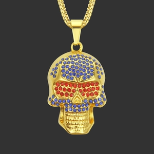 Hip Hop Gold Plated Zinc Alloy Skull Pendant Necklace For Men Blue And Red Rhinestone Inlaid Punk Gothic Fashion Jewelry