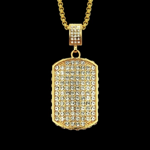 Hip Hop Herren Vergoldet Iced Out Strass Rechteck Hundemarke Anhänger Halskette Mit Box Kette Mode Trendiger Schmuck