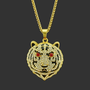 Hip Hop Tiger Head Pendant Necklace Gold Plated Alloy Rhinestone Red Eyes Animal Jewelry Wheat Chain For Men Women Jewelry Gift