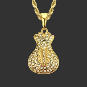 Collier Pendentif Sac d'Argent en Alliage de Zinc Couleur Or Hiphop Avec Symbole Dollar Chaîne de Corde Bijoux Homme