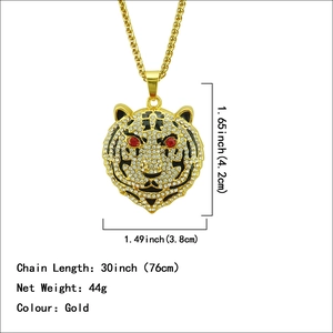 Collana hip hop testa di tigre con cristalli lucidi e una catena dorata da 76 cm