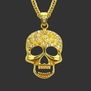 Hip Hop Χρυσό Κολιέ με Μενταγιόν Κρανίο από Κράμα Στρας Αλυσίδα Curb Punk Rock Streetwear Κοσμήματα για Άνδρες Γυναίκες