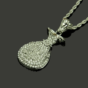 Collier hip hop avec pendentif sac d'argent serti de strass et chaîne torsadée argentée